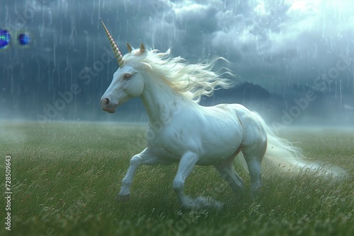 A majestic white unicorn gallops freely through a lush green field  its flowing mane and powerful stride embodying the essence of wild beauty and untamed grace