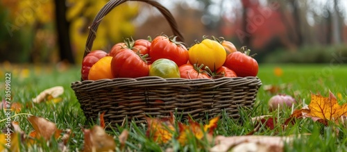 Various tomatoes  of different sizes and colors  in a wicker basket on a green lawn with fallen leaves and trees in the background.