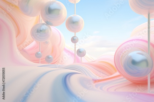 Pastel dreamland with floating spheres, ideal for imaginative scenes, peaceful backgrounds, or surreal digital compositions.