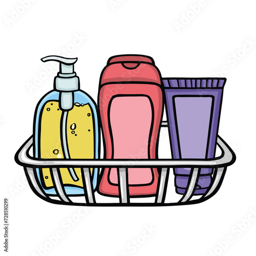 bathroom shelf with bottles and vials, personal hygiene illustration, vector