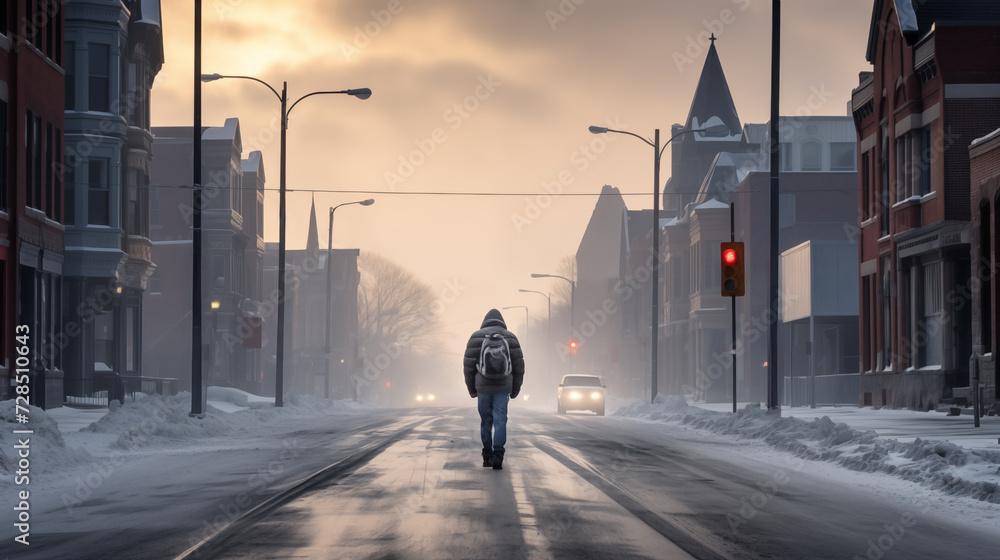 Lone Pedestrian Walking Down a Snow-Covered City Street at Dawn, with Historic Buildings and Soft Light Peering Through Fog