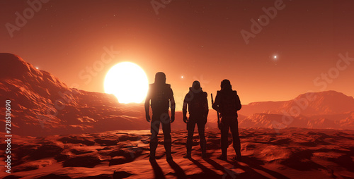 Silhouette of a team of business people standing in front of the sun 3D render of a group of people on alien planet with moon