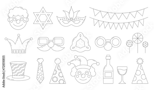 Set of festive Purim carnival elements in line style. Cute outline holiday accessories. Vector illustration