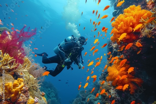A skilled diver explores the vibrant depths of the ocean, surrounded by a diverse array of marine life and stunning coral formations