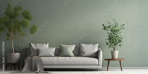 Minimalist living room with grey home decorations, modern personal accessories, eucalyptus green wall, template, copy space, real photo.