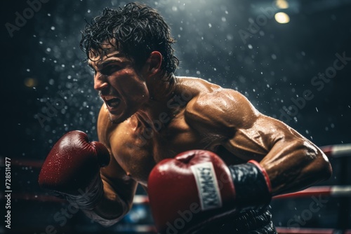 Dynamic shot of a skilled boxer in the ring, delivering a powerful punch with intense lighting © Iuliia