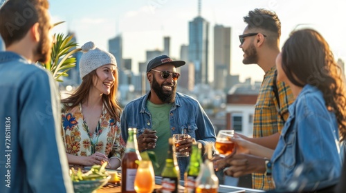 A group of friends enjoying a rooftop barbecue in an urban setting  city skyline in the background  casual and fun atmosphere. Resplendent.