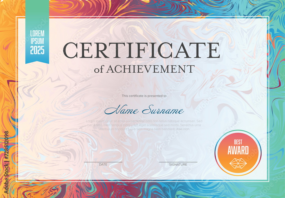 Modern certificate template with vivid fresh abstract marble shapes border