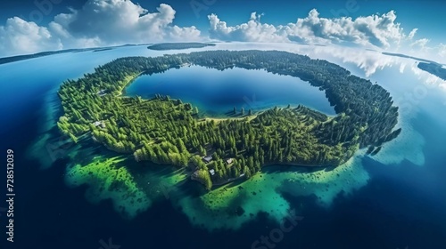 realistic photo Aerial panorama of beautiful blue lake, islands and summer forest. generative ai © KBL Sungkid