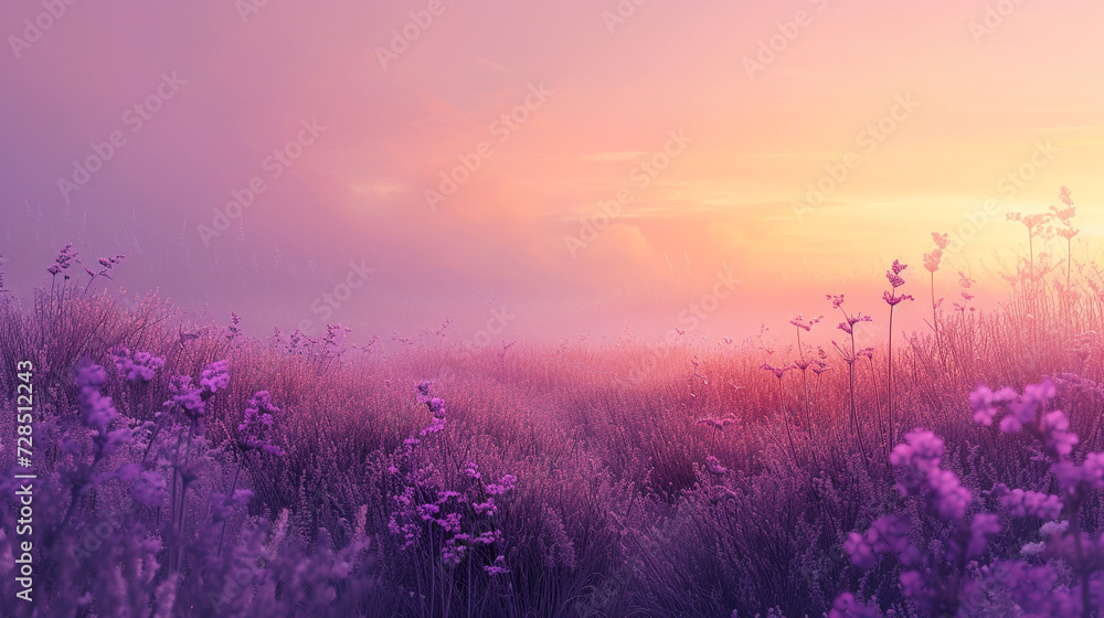 Roam through a twilight meadow of lavender and gold, an abstract interpretation of a serene dusk where soft gradients mingle in a harmonious blend of tranquility.  - obrazy, fototapety, plakaty 