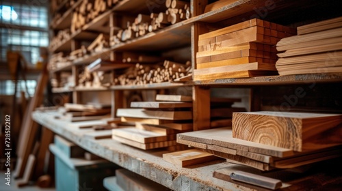 Assembling a handmade bookshelf, close-up on wood pieces and tools, focus on craftsmanship photo