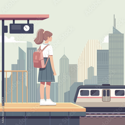 Girl Train Railway platform Trip City Transport