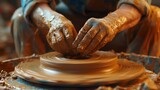 Close-up of a sculptor's hands molding clay on a wheel, with the focus on the texture and motion