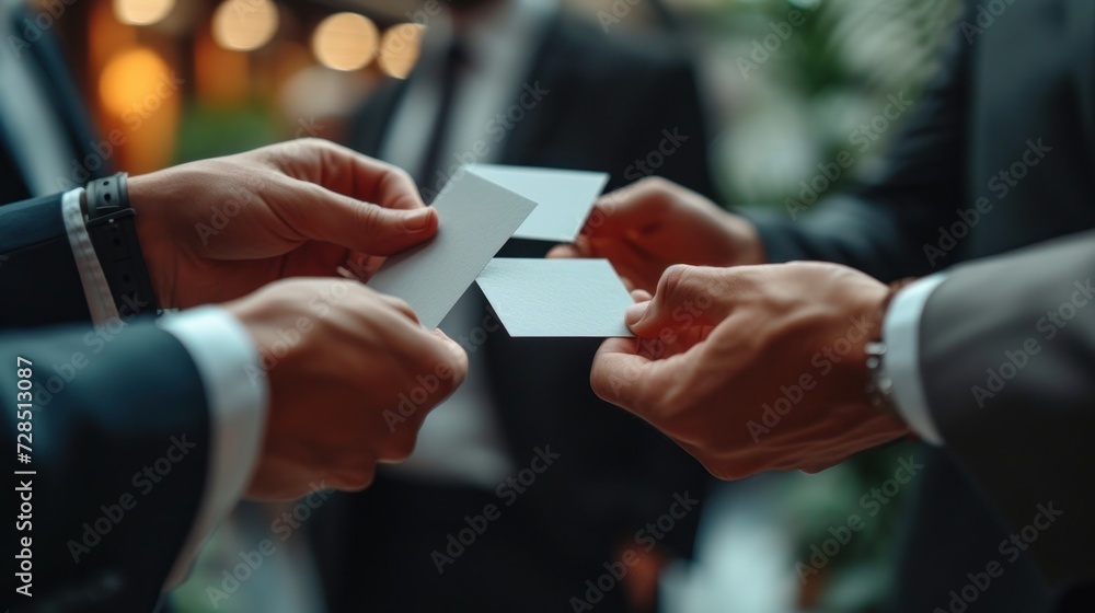 Close-up of hands exchanging business cards during a corporate meeting, symbolizing networking and professionalism