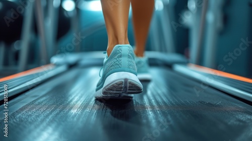 Close-up of feet stepping on a treadmill  beginning of a cardio workout  focus on the movement