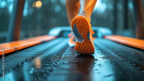 Close-up of feet stepping on a treadmill, beginning of a cardio workout, focus on the movement photo
