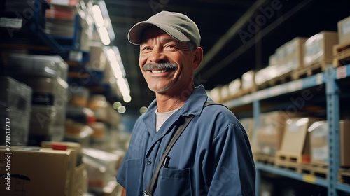 Portrait of a mature logistic man wearing a cap and uniform in a warehouse and looking at the camera