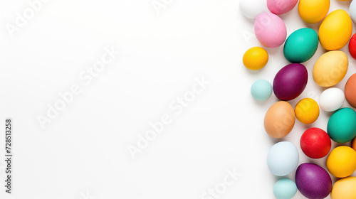 Colorful Easter eggs on White background with space for text  flat lay  top view  studio shot.