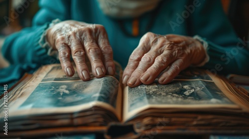 Family photo album being browsed by multi-generational hands, close-up on old and young fingers turning pages photo