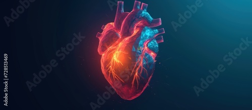 Human heart shape neon glowing light low poly style. AI generated image photo