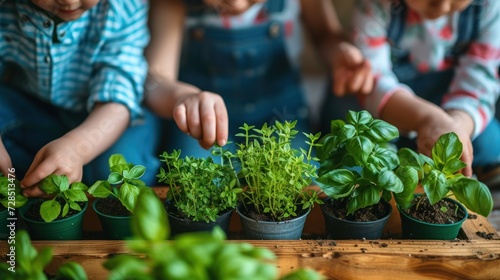 Family planting an indoor herb garden, close-up on small hands placing seeds in pots, home life photo
