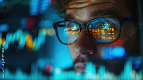 Financial analyst reviewing a stock market report, close-up on eyes scanning through the data, concentration evident