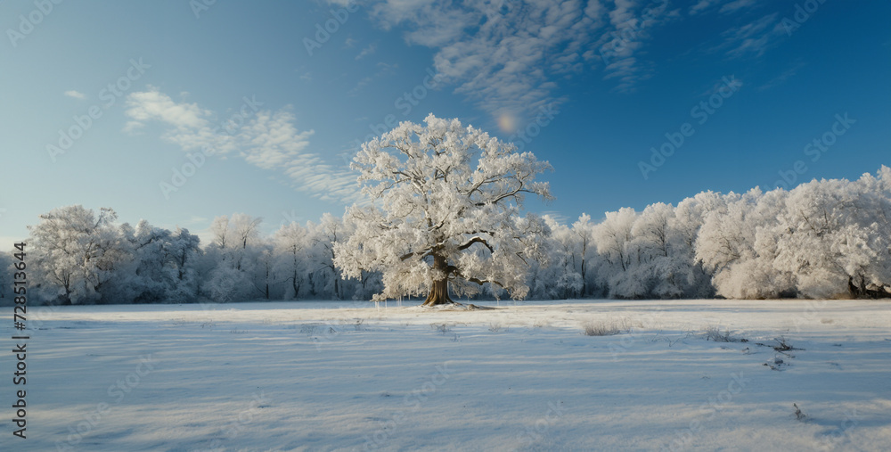 Winter landscape with a tree in hoarfrost on a sunny day, Winter landscape. Frosty trees on the background of the sun.