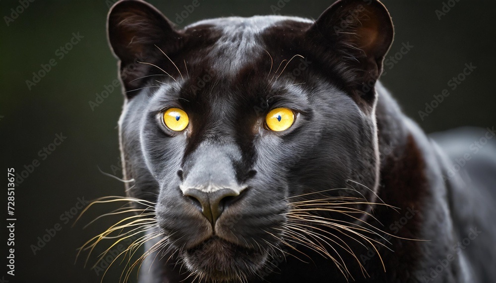 a black panther with bright yellow eyes on a black background