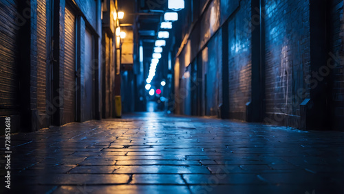Sparse metropolitan alley illuminated by moody blue lights, presenting an unoccupied space for text or product showcasing. © xKas