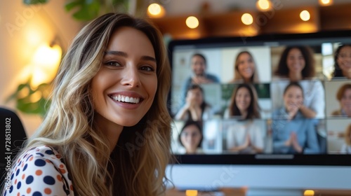 Remote video conference call, close-up on a computer screen showing smiling faces of team members photo