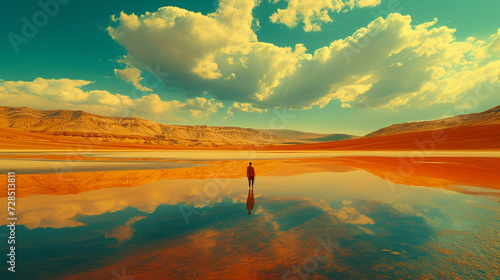 Step into a surreal desert of ochre and turquoise, an abstract mirage where warm and cool tones converge, creating a mirroring effect in the vast expanse.  photo
