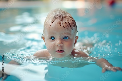Capturing the joy of a baby with captivating blue eyes as they safely swim and explore in a pool