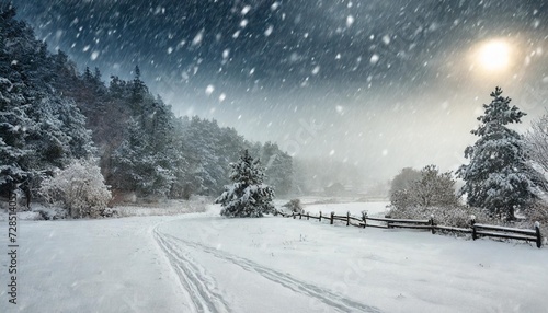 beautiful winter landscape during snow storm