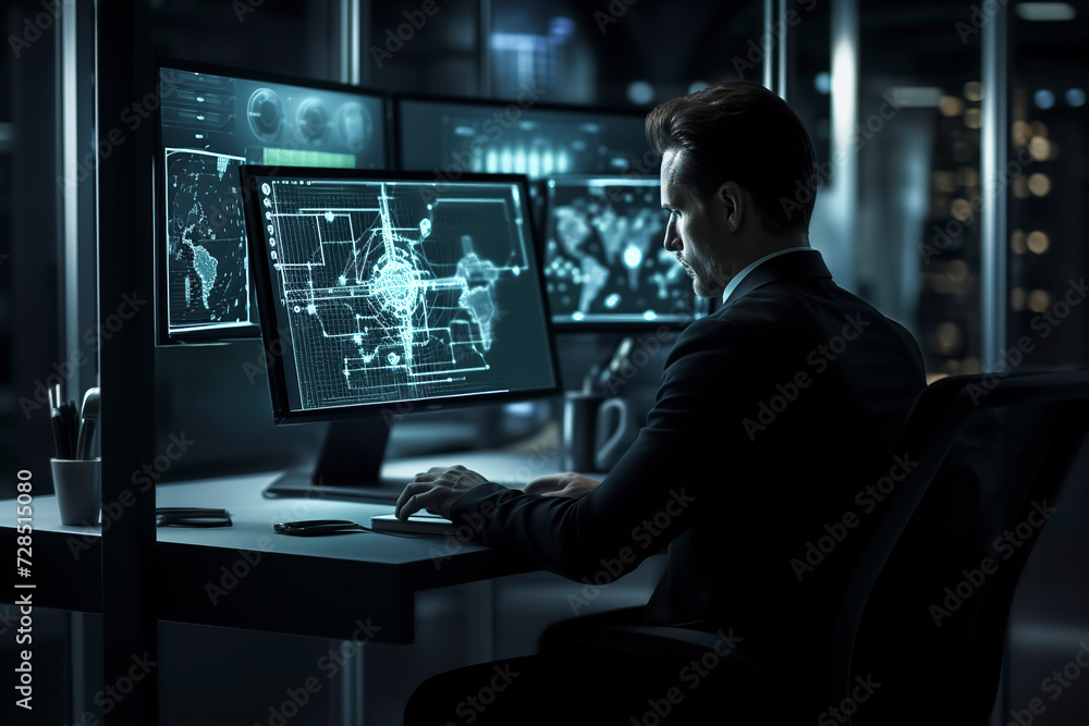 man working at a multi-monitor computer setup, displaying complex data, in a dark, modern environment, ai generative man working at a multi-monitor computer setup, displaying complex data, in a dark, modern environment, ai generative