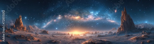 A breathtaking panoramic view of an alien landscape with towering spires under a star-filled galactic sky. photo