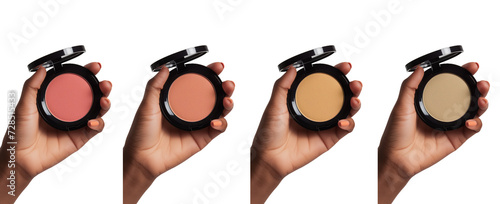 Variety of compact face powders in open cases held by a female hand with manicured nails, isolated on transparent background photo