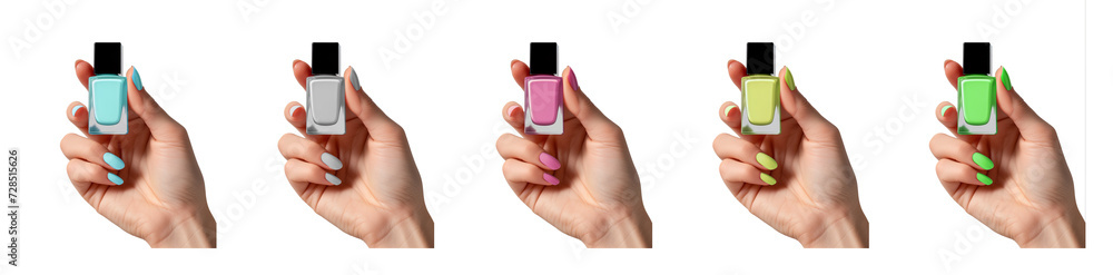 Collection of female hands with coordinating nail polish holding bottles of nail varnish, isolated on transparent, concept for beauty, fashion, and cosmetics - obrazy, fototapety, plakaty 