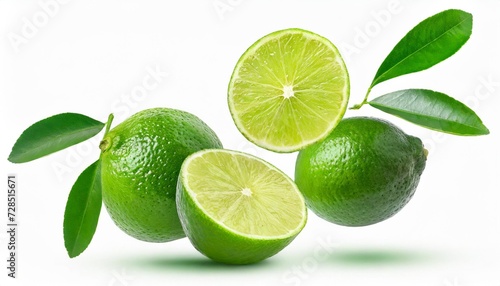 lime fruit isolate lime whole half slice leaf on white falling lime slices with leaves flying fruit full depth of field