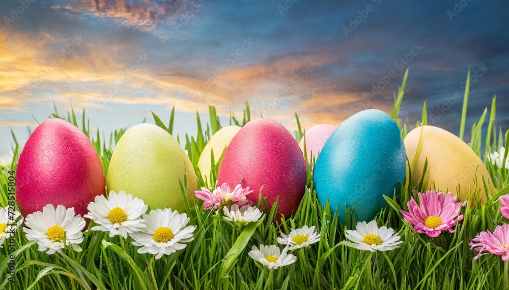 panoramic easter eggs in grass