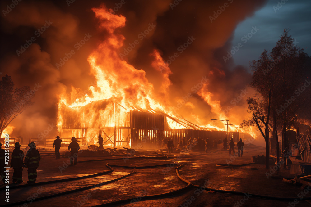 Fire destroys residential home at city in form of flames coming from roof. Generative AI