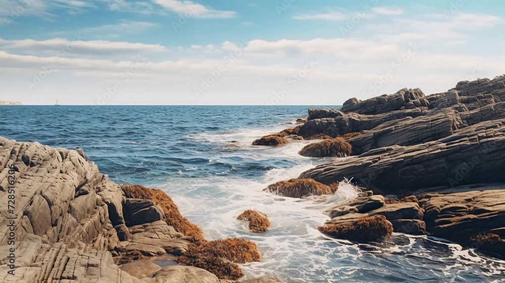 realistic photo Atlantic Ocean landscape with rocks in the afternoon. generative ai