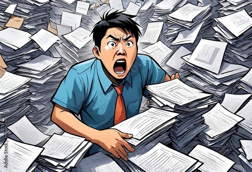 Frustrated Asian Worker Amidst a Sea of Paperwork, Shouting in the Midst of the Rush at Work