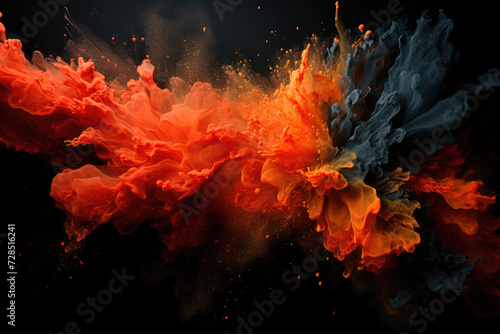 Abstract orange powder explosion. Closeup of red dust particle splash on black background