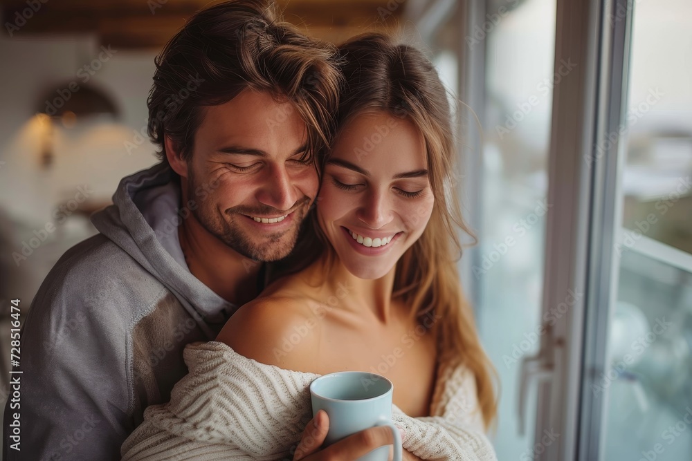 A couple shares a moment of pure joy and warmth as they embrace in front of a cozy indoor setting, surrounded by a charming coffee cup, stylish clothing, and a wall adorned with a beautiful window A couple shares a moment of pure joy and warmth as they embrace in front of a cozy indoor setting, surrounded by a charming coffee cup, stylish clothing, and a wall adorned with a beautiful window