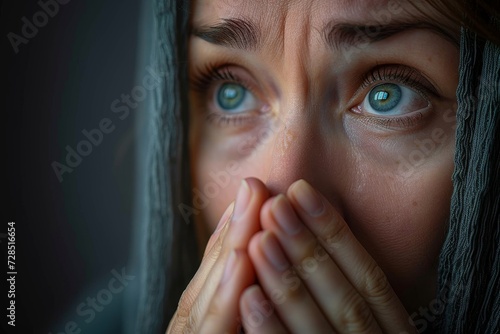 A vulnerable woman's anxious expression is captured in a close-up portrait, her hands over her mouth emphasizing the organ of communication and hinting at a secret or inner turmoil