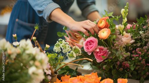 Women's hands create a chicane bouquet of buttercups and decorative greenery for your congratulations. Master class in floristry. Design for a website. photo