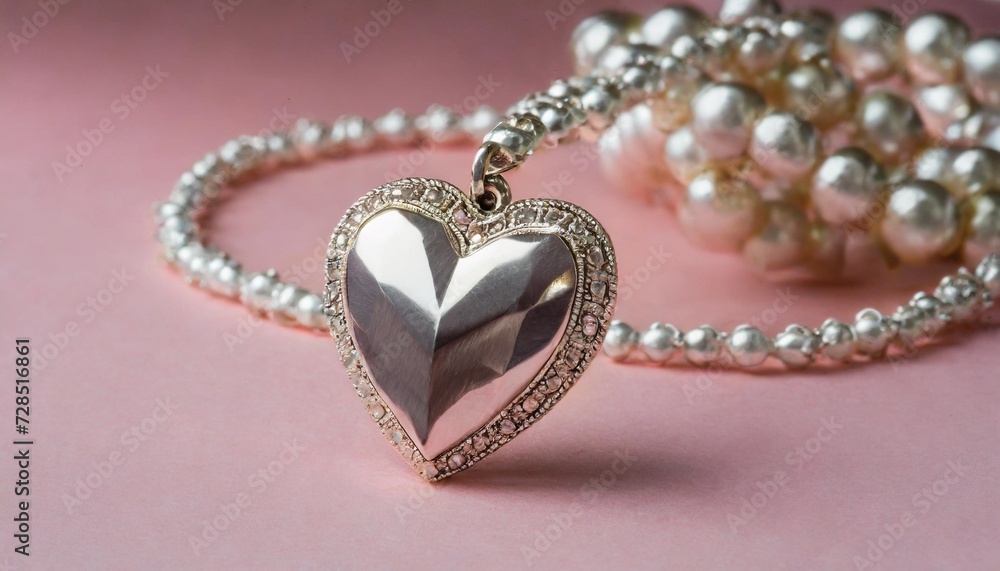 delicate shiny heart shaped necklace on a minimalist pink background