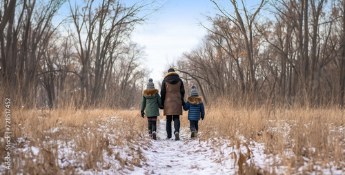 Three children walking in the park in winter. They are dressed in warm clothes and hats.Back view of happy family walking in snowy field at sunny winter day