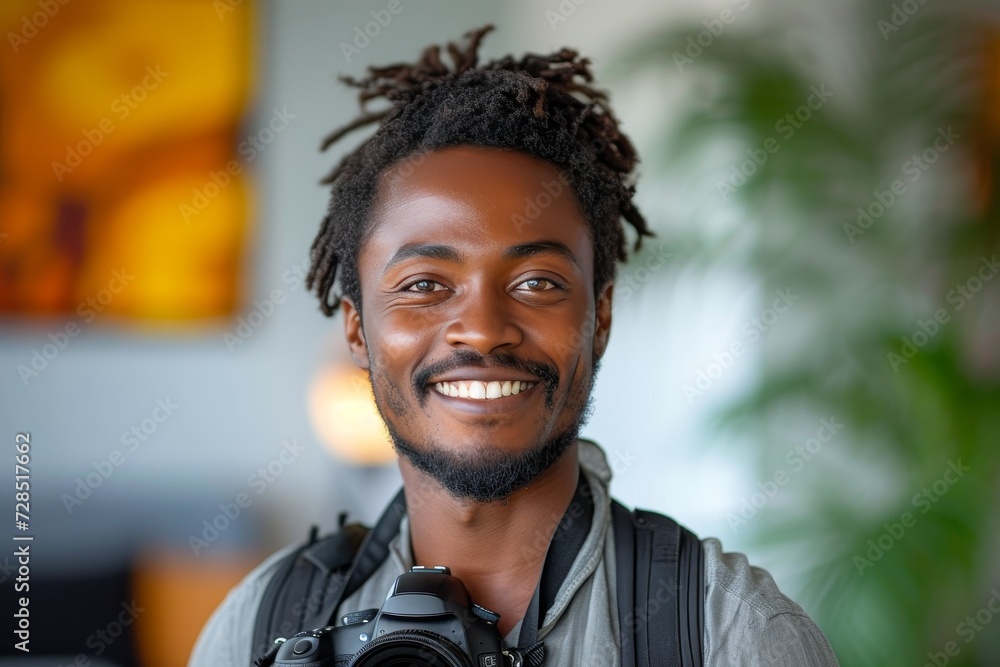 A joyful man with dreadlocks smiles brightly while capturing a moment with his camera, his expressive face framed by stylish clothing and a thoughtful forehead A joyful man with dreadlocks smiles brightly while capturing a moment with his camera, his expressive face framed by stylish clothing and a thoughtful forehead