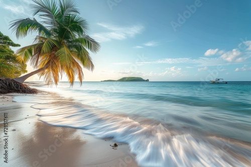 A lone palm tree stands tall on a deserted beach  its fronds reaching towards the crystal blue water and clear skies  embodying the tranquil beauty of the caribbean tropics